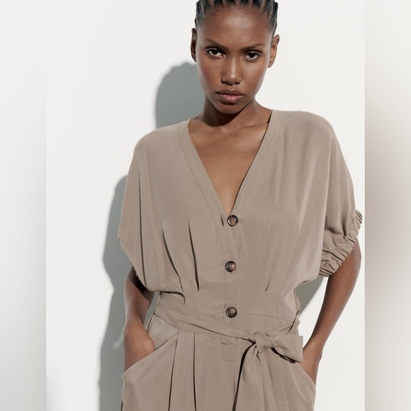 Zara Long Belted Mid-Camel Jumpsuit- Size Small- New with Tags - Picture 5 of 11